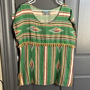 Silverado Green Aztec-Striped Pom-Pom Blouse